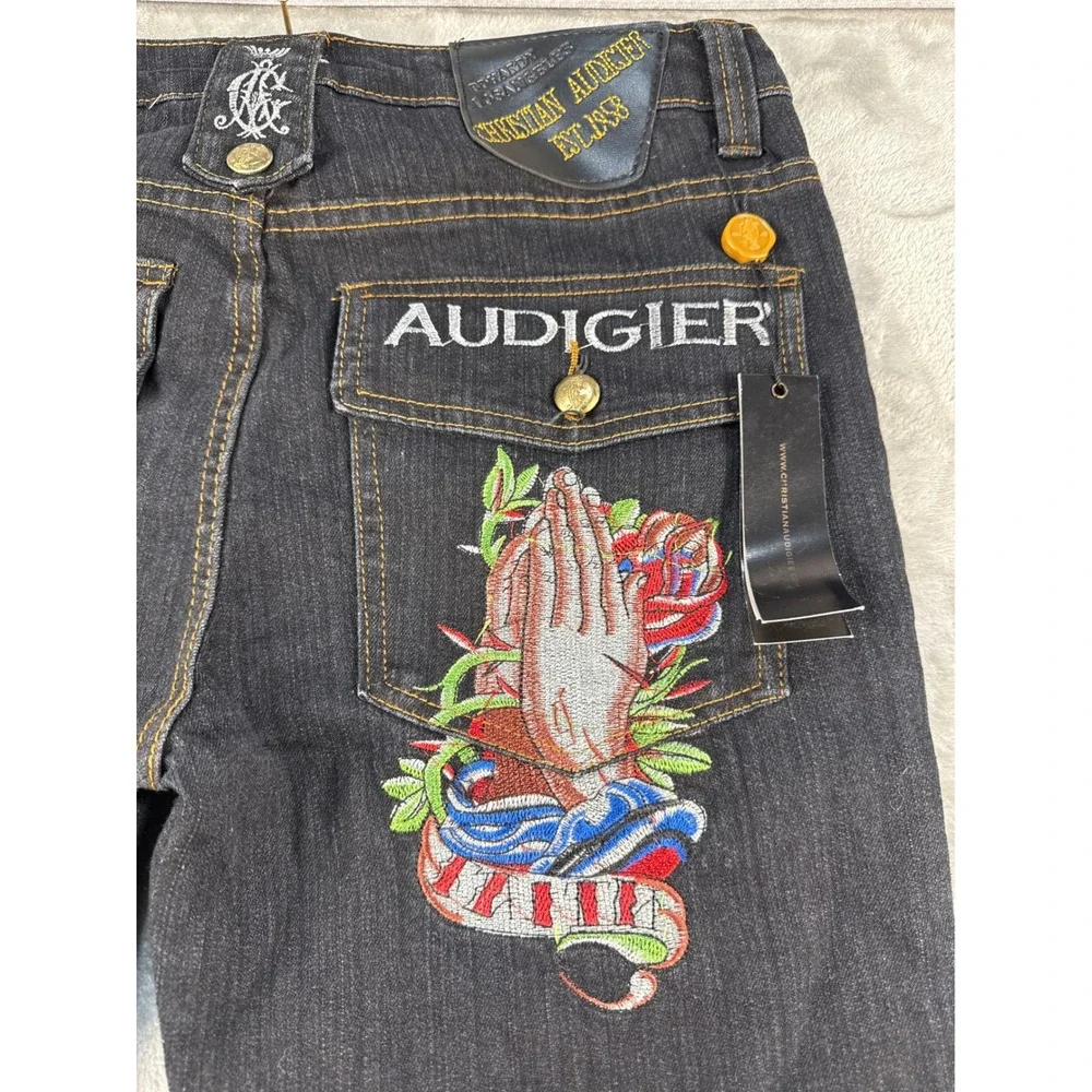 Christian Audigier Jeans Mens 31x34 Straight Dark Wash Embroidered Tattoo EUC